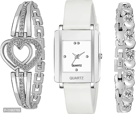 Stylish White PU Analog Watches With Bracelet Combo For Women