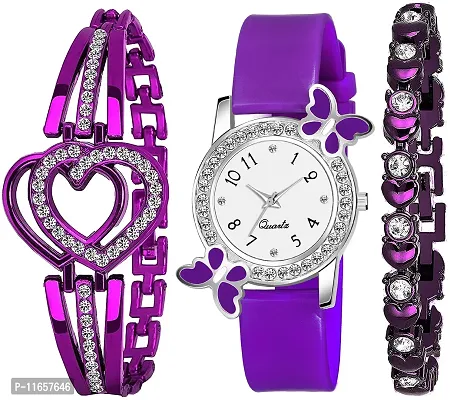 Stylish Purple PU Analog Watches With Bracelet Combo For Women