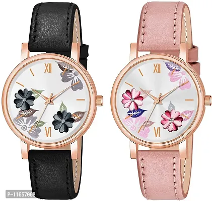 Stylish Multicoloured Synthetic Leather Analog Watches Combo For Women-thumb0