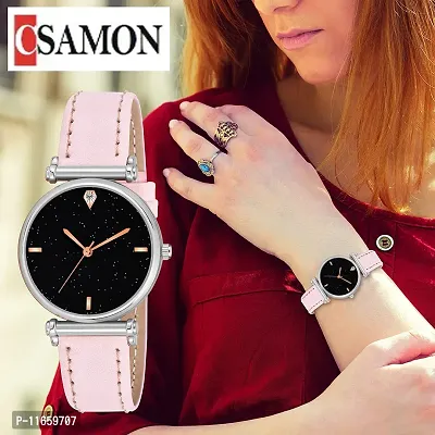 Stylish Pink Synthetic Leather Analog Watches For Women