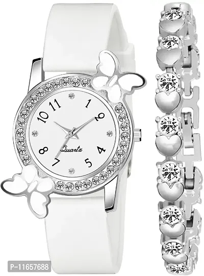 Stylish White PU Analog Watches With Bracelet Combo For Women