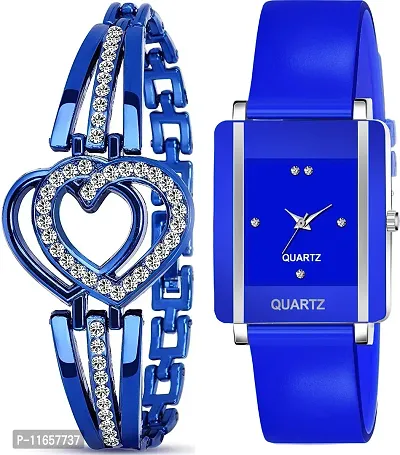 Stylish Blue PU Analog Watches With Bracelet Combo For Women