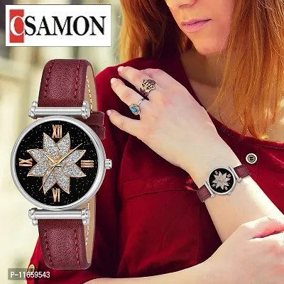 Stylish Maroon Synthetic Leather Analog Watches For Women