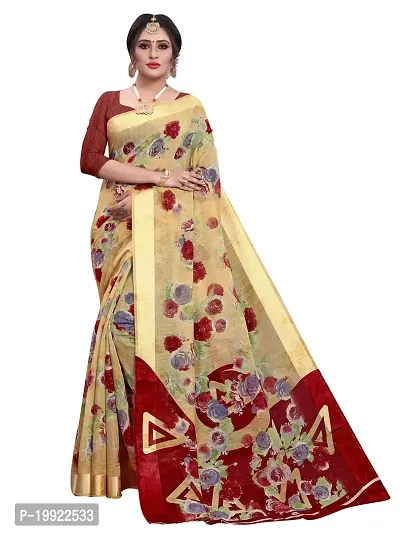 Beautiful Beige Cotton Blend  Self Pattern Saree For Women