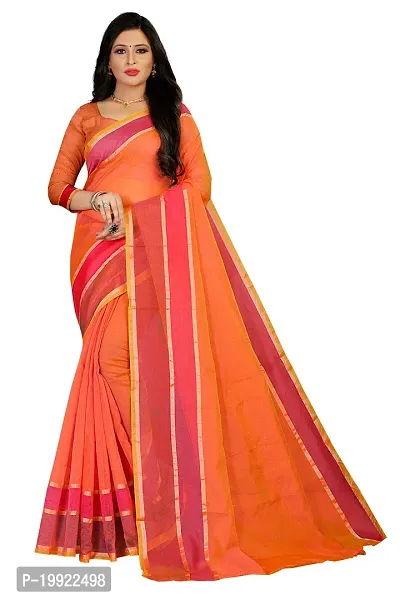 Beautiful Orange Cotton Blend  Self Pattern Saree For Women