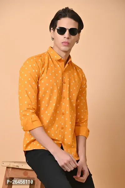 Trendy Yellow Cotton Long Sleeves Printed Casual Shirt For Men