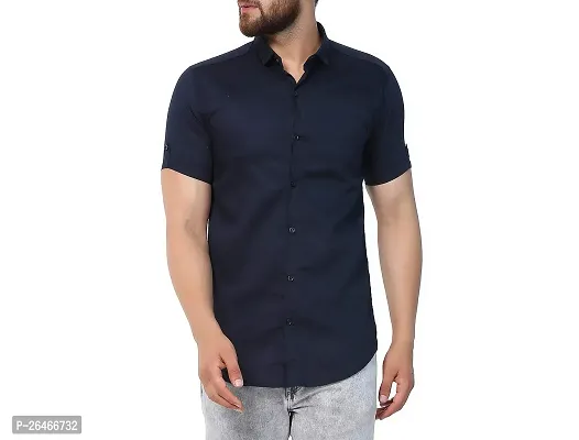 Reliable Blue Cotton Solid Short Sleeves Casual Shirts For Men-thumb0