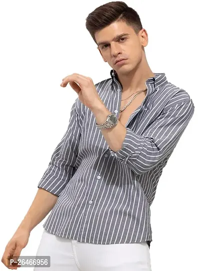 Reliable Grey Cotton Striped Long Sleeves Casual Shirts For Men-thumb0