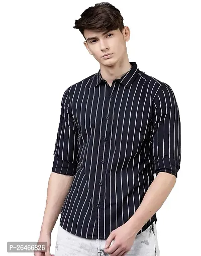 Reliable Black Cotton Striped Long Sleeves Casual Shirts For Men-thumb0