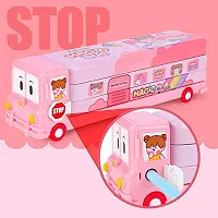 B inik Stylish School Bus Geometry Box with Wheel for Kids Yes Art Metal Pencil Box  (Set of 1, Pink)-thumb2