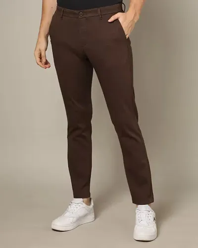 Livewire Men's Lycra Cotton Coffee Casual Slim Fit Solid Trouser