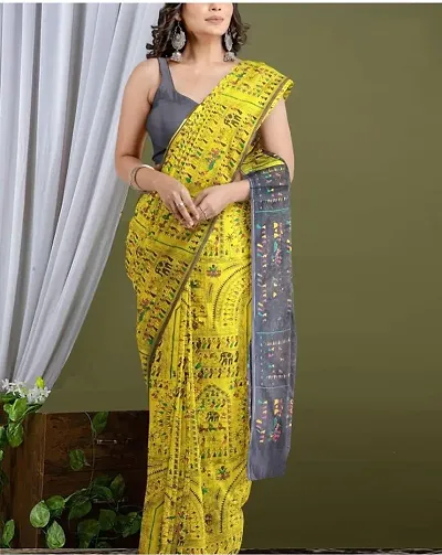 Cotton Silk Madhubani Print Sarees with Blouse Piece