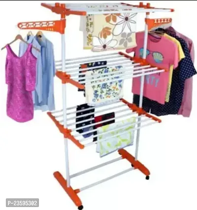 Useful Steel, Plastic Floor Cloth Dryer Stand Double Poll Three Tier Cloth Rack-thumb0