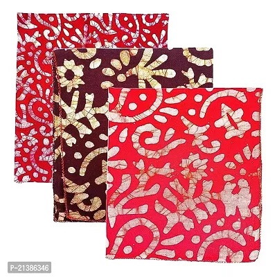 Stylish Womens Red, Rani And Brown Batik Print 100% Cotton 30Cmx30Cm 3 Set Handkerchief