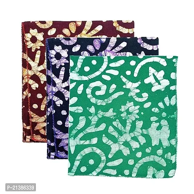 Stylish Womens Green, Blue And Brown Batik Print 100% Cotton 30Cmx30Cm 3 Set Handkerchief-thumb0