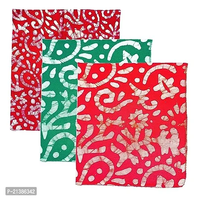 Stylish Womens Red, Green And Rani Batik Print 100% Cotton 30Cmx30Cm 3 Set Handkerchief