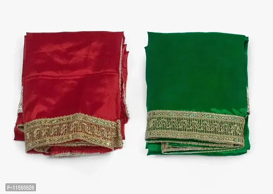 Dulhan Creations (Red and Green) Pooja Satin Altar Cloth Chunri & Multipurpose use Altar Cloth - Set of 2 (1 Meter)