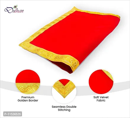 Dulhan Velvet Red Pooja Cloth/Pooja Aasan for Mandir, Temple Altar Cloth with Golden Border (40X40 inch) 1mtr.-thumb3