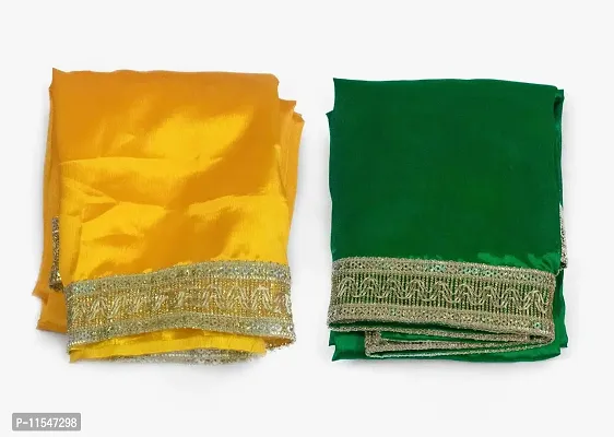 Dulhan Creations (Green and Yellow) Pooja Satin Altar Cloth & Chunri Multipurpose use Altar Cloth - Set of 2 (1 Meter)