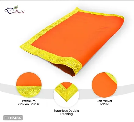 Dulhan Velvet Orange Pooja Cloth/Pooja Aasan for Mandir, Temple Altar Cloth with Golden Border (40X40 inch) 1mtr.-thumb4