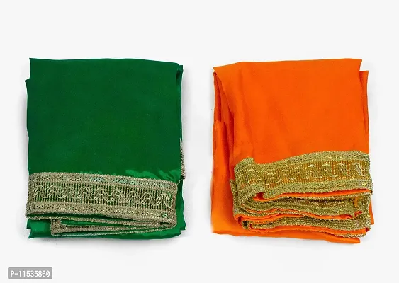Dulhan Creations (Green and Orange) Pooja Satin Altar Cloth  Chunri Multipurpose use Altar Cloth - Set of 2 (1 Meter)