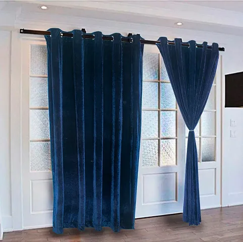 Dulhan Stretchable Velvet Door Curtain with Ring soft feel 9 Feet Long (Navy Blue, Pack of 2 Curtains)