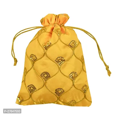 DLC Silk Fabric JHAROKHA Potli Bags for Return Gifts with Heavy Sequin Work, Set of 15 Medium Size Yellow Women Handbag 7 x 9 inches,-thumb0
