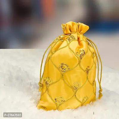 DLC Silk Fabric JHAROKHA Potli Bags for Return Gifts with Heavy Sequin Work, Set of 15 Medium Size Yellow Women Handbag 7 x 9 inches,-thumb2