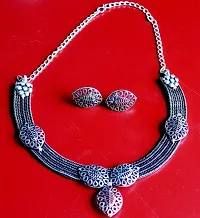 Oxidized Silver Antique Necklace Set Studded Black Stone With Earrings-thumb1