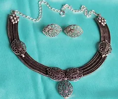 Oxidized Silver Antique Necklace Set Studded Black Stone With Earrings-thumb4