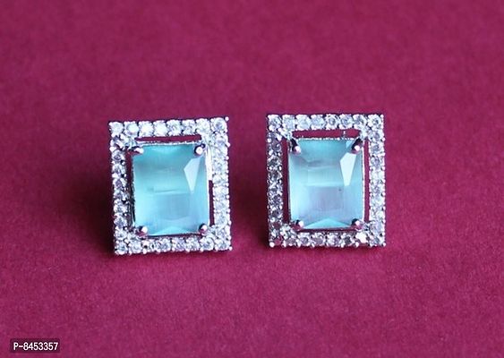 Trendy Brass Stone Square Shape American Diamond Stud Earrings For Women