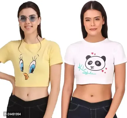 Vanghee Cotton Blend Graphic Print Half Sleeve Regular Fit Casual Crop Top for Women and Girls (Panda Heart White and Pekok Yellow, XL) (Pack of 2, Combo Pack)