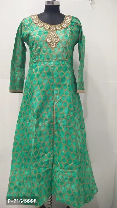 Stylish A-Line Green Self Pattern Cotton Long Kurta-thumb0