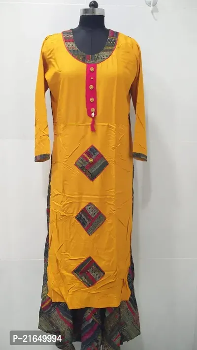 Stylish A-Line Yellow Self Pattern Cotton Long Kurta-thumb0