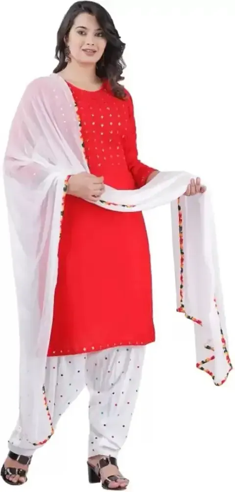 Women Rayon Mirror Work Kurta, Patiyala and Dupatta Set