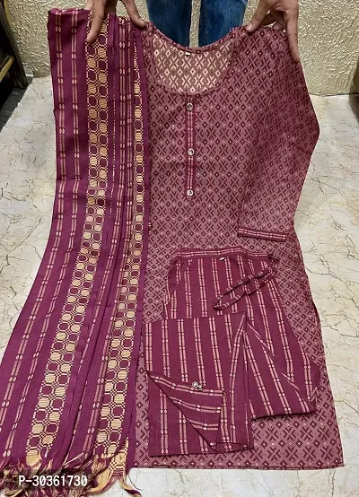 Stylish Purple Khadi Cotton Printed Kurta With Pant And Dupatta Set For Women