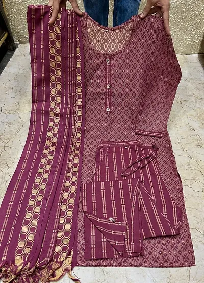 Elegant Khadi Cotton Self Pattern Kurta Bottom Dupatta Set