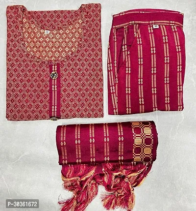 Stylish Maroon Khadi Cotton Printed Kurta With Pant And Dupatta Set For Women