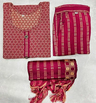 Stylish Khadi Cotton Self Pattern Kurta Bottom Dupatta Set