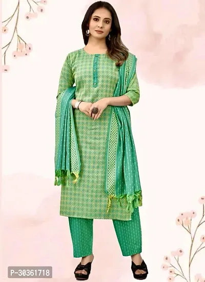 Stylish Green Khadi Cotton Printed Kurta With Pant And Dupatta Set For Women-thumb0