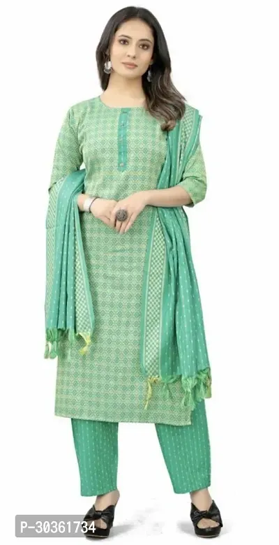 Stylish Green Khadi Cotton Printed Kurta With Pant And Dupatta Set For Women-thumb0