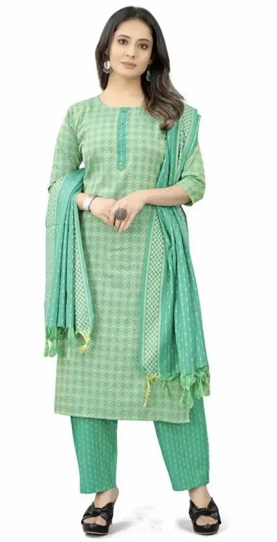 Elegant Khadi Cotton Self Pattern Kurta Bottom Dupatta Set