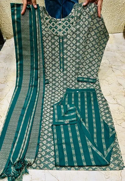 Stylish Khadi Cotton Self Pattern Kurta Bottom Dupatta Set