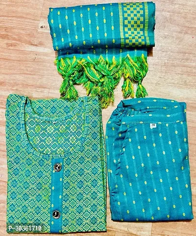 Stylish Green Khadi Cotton Printed Kurta With Pant And Dupatta Set For Women