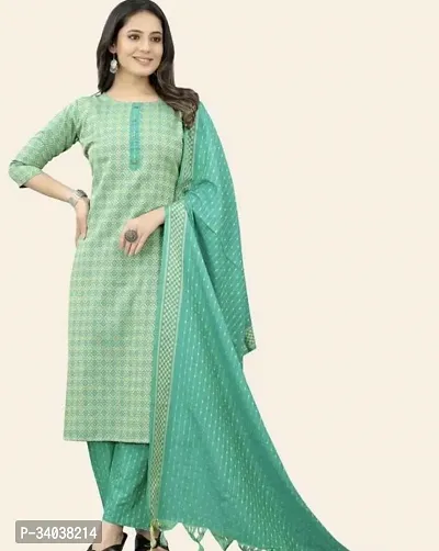 Stylish Green Cotton Printed Kurta, Bottom And Dupatta Set For Women-thumb0