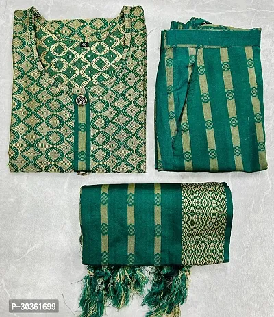 Stylish Green Khadi Cotton Printed Kurta With Pant And Dupatta Set For Women-thumb0