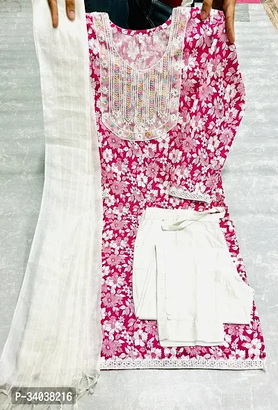 Stylish Pink Cotton Printed Kurta, Bottom And Dupatta Set For Women-thumb0