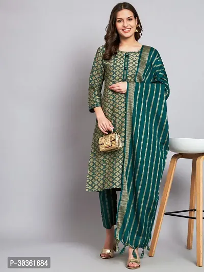 Stylish Green Khadi Cotton Printed Kurta With Pant And Dupatta Set For Women