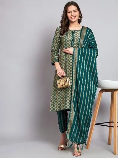 Stylish Khadi Cotton Self Pattern Kurta Bottom Dupatta Set