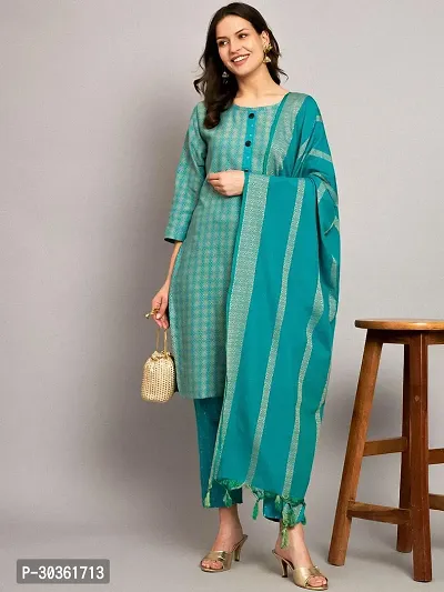 Stylish Green Khadi Cotton Printed Kurta With Pant And Dupatta Set For Women